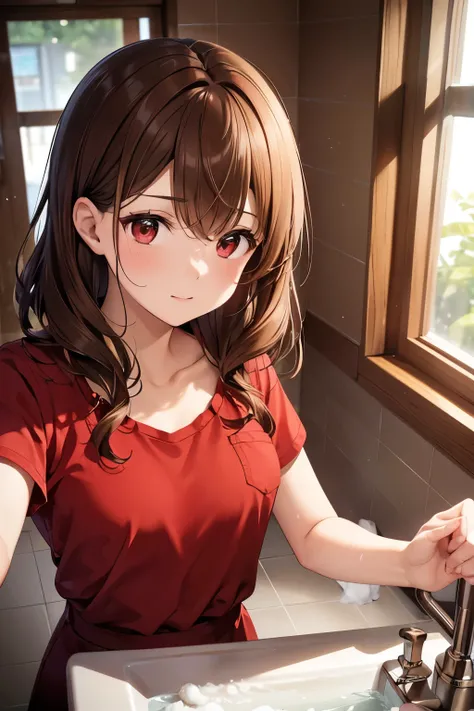 short, wavy, brown hair, wearing a red sclub,wash room with cabinets and window, soft lighting from the left, creating a calm, everyday atmosphere. Simple, close-up shot with even exposure. washing hands, hospital stasion, formed soap,red sclub.no collar.
