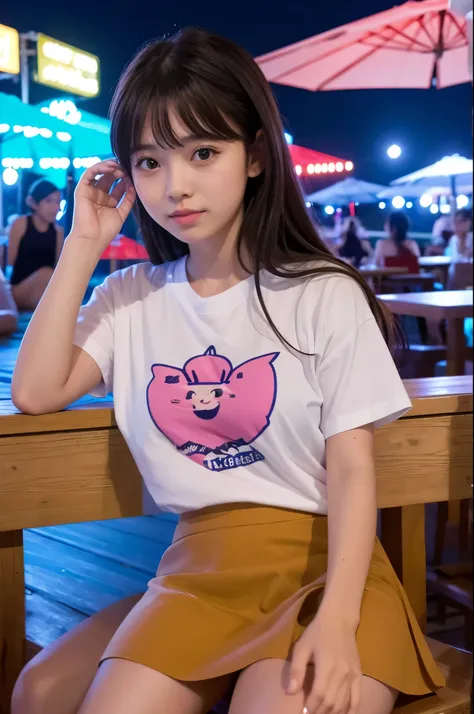 A girl (Twenty years old, Japanese cute face) are wearing Tshirts, mini skirt at the moon night beach bar