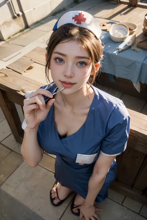 Highest quality, masterpiece, Ultra-high resolution,8k,((Random blowjob portrait:1.4)), (Realistic:1.6), ((blue eyes)),((A radiant smile)), RAW Photos,((Realisticな美肌)),((Nurse uniform:1.4)),((Soft looking breasts,Nipples)),((Full body photo)),1 person,Adul...