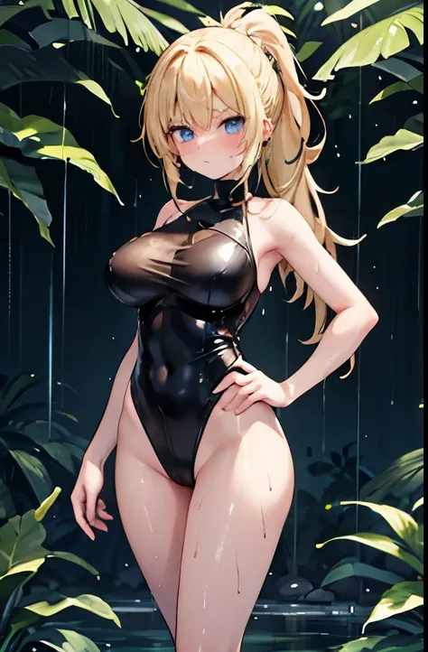 Girl 1,ponytail,Blonde,blue eyes,Black leotard,High leg,Sweaty,Tropical Jungle,Large Breasts,Serious face,blush,Slender,barefoot,Are standing,rain,Wet,Plants,Place hands on hips,