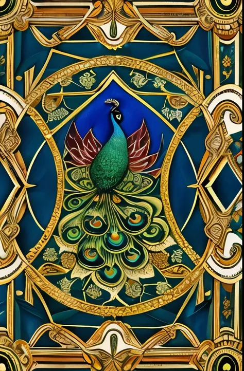 Elegant and vibrant peacock illustration, showcasing intricate patterns and a rich palette of blues, greens, and golds. The detailed design captures the peacocks feathers in an artistic, almost surreal style, blending natural elements with fanciful embelli...