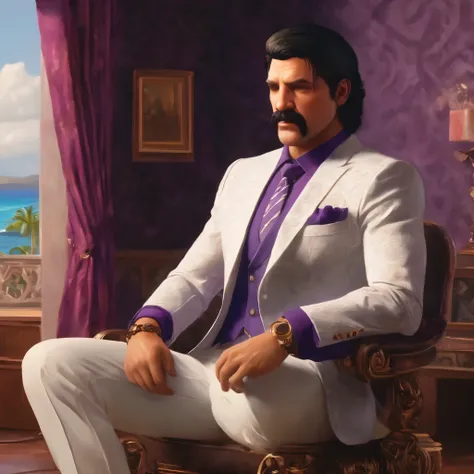 (obra maestra, Mejor calidad:1.2), 1 chico, thenahualli, serious, dangerous man, elegant, elegante, white suit, purple shirt, mansion, living room, indoor, big windows, Hawaii, (((realistic, detailed, photorealistic)))