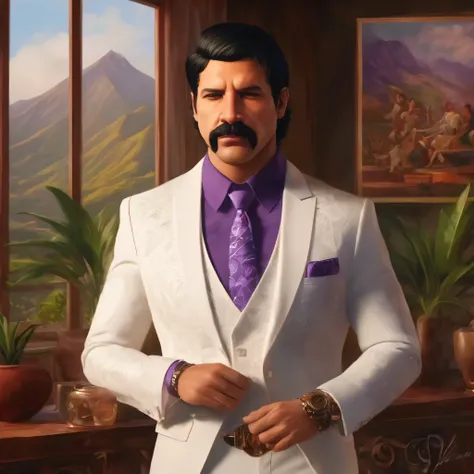 (obra maestra, Mejor calidad:1.2), 1 chico, thenahualli, serious, dangerous man, elegant, elegante, white suit, purple shirt, mansion, living room, indoor, big windows, Hawaii, (((realistic, detailed, photorealistic)))