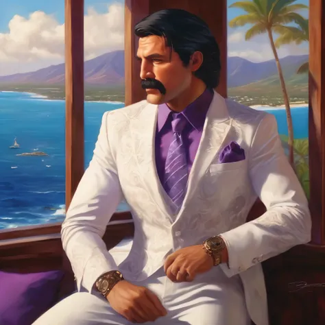 (obra maestra, Mejor calidad:1.2), 1 chico, thenahualli, serious, dangerous man, elegant, elegante, white suit, purple shirt, mansion, living room, indoor, big windows, views of the ocean, Hawaii, (((realistic, detailed, photorealistic)))