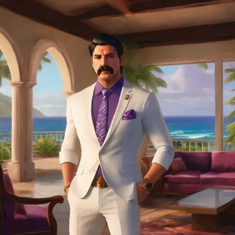 (obra maestra, Mejor calidad:1.2), 1 chico, thenahualli, serious, dangerous man, elegant, elegante, white suit, purple shirt, mansion, living room, indoor, big windows, views of the ocean, Hawaii, (((realistic, detailed, photorealistic)))