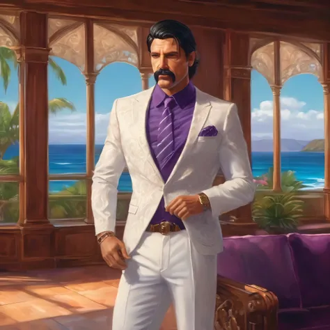 (obra maestra, Mejor calidad:1.2), 1 chico, thenahualli, serious, dangerous man, elegant, elegante, white suit, purple shirt, mansion, living room, indoor, big windows, views of the ocean, Hawaii, (((realistic, detailed, photorealistic)))