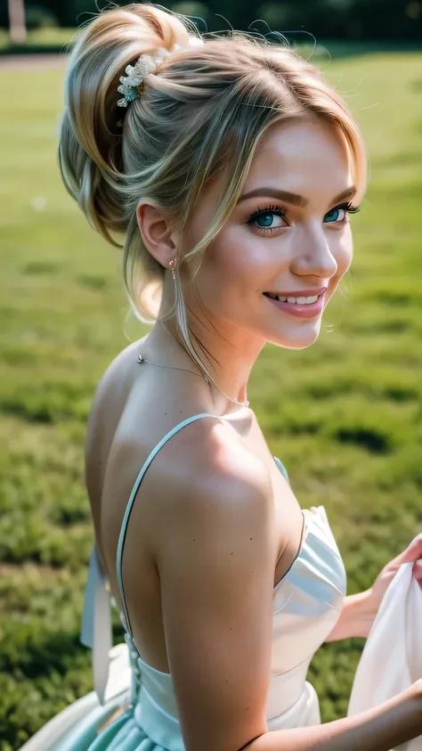 Realistic photo of the upper body of a blonde flower girl aged 23 with ponytail, smile. She dances in front of the camera in a long A-line dress with straps made of shiny, dark green satin..., Park,Glamour photoshoot under the skirt, Wedding celebration, p...