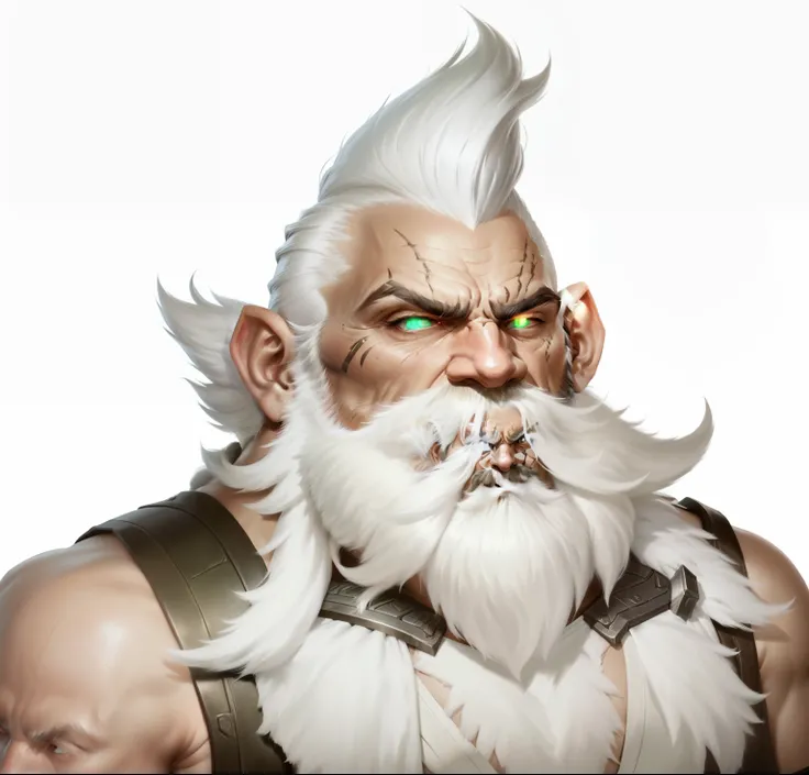 Serious, White Mohawk Hairstyle, Long white beard，（Braids：1），White long eyebrows, Futuristic Metal Monocle, screw，Green sleeveless shirt，With shoulder pads, side view, Look slightly to the side, Confident and wise expression, Smooth skin，With some wrinkles...