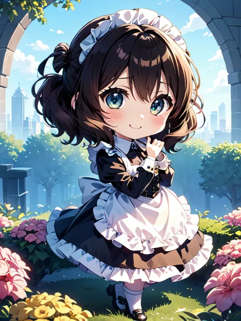 one girl、(moe:1.10)、solo、kumiko oumae、cute white and blue maid outfit、((chibi character:1.4))、、beautifully colored eyes　cute smi...