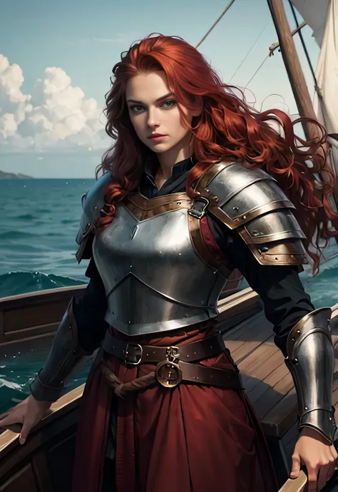 A viking warrior, long wavy red hair, greeneyes, fine lips, Round face, wearing Viking armor, muscular girl, sensual and imposing, gazing at viewer, viking woman on viking ship, posing arrogantly on the bow of the boat