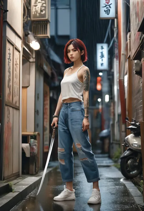 ８ｋ,Realistic Skin Texture、Superrealism、Realistic Photo、Japanese women、、Standing with a Japan sword、draw oneself up to ones full height.、The tip of the sword is pointed towards me、Tank top,Oversized jeans、sneakers、Shinjuku Back Alley、Innovative composition、...