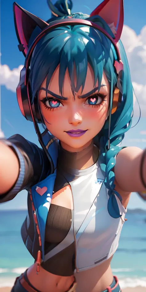 1girl, heart-shaped pupils, heart-shaped_pupils, blue hair, ponytail, short hair, blue eyes, eyeshadow, (blush:1.1),upper body,heart, (speed lines:1.1),medium breasts, outstretched arms, love, heart, black jacket, jacket crop top, navel, cat ears headphone...