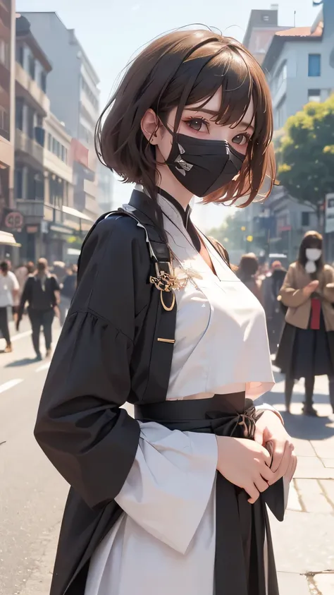 perfect quality, 、8K picture quality、best quality、masterpiece、Detailed image quality，masterpiece, 4K,8K,Ultimate quality, 1 Girl, Solitary, Skinny, slender Body, ((Wear black_mask)),_Hanfu_Set, assassin, Ninja, Lolita Fashion, navel open, Shoulders open, s...