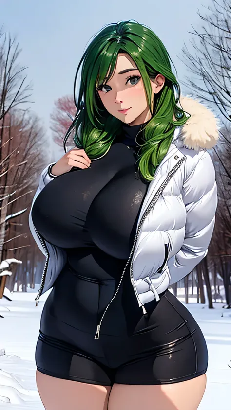 beautiful detailed female japanese, wearing fitted winter jacket, beautiful face, shiny white skin, green hair, curvy body, ultra large saggy breasts, massive cleavage exposed, snow background