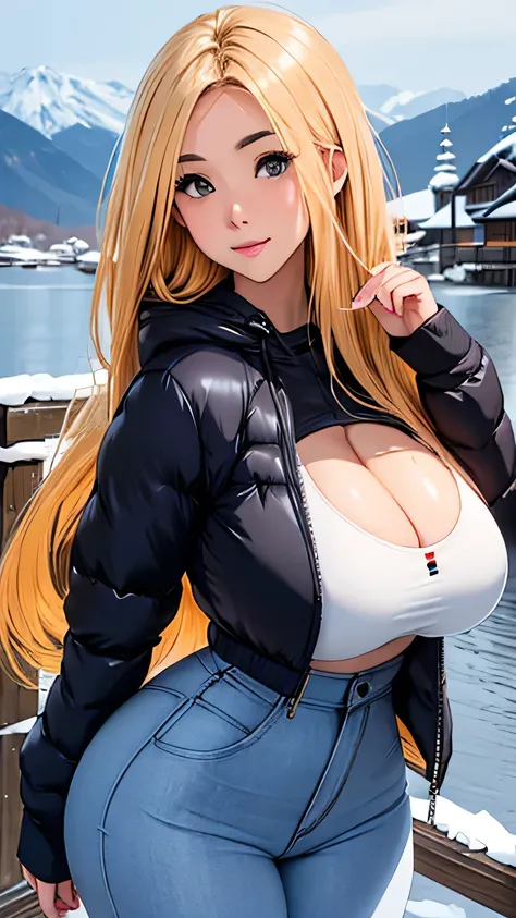 beautiful detailed female japanese, wearing fitted winter jacket, beautiful face, shiny white skin, long hair, random hair color, curvy body, ultra large saggy breasts, massive cleavage exposed, snow background