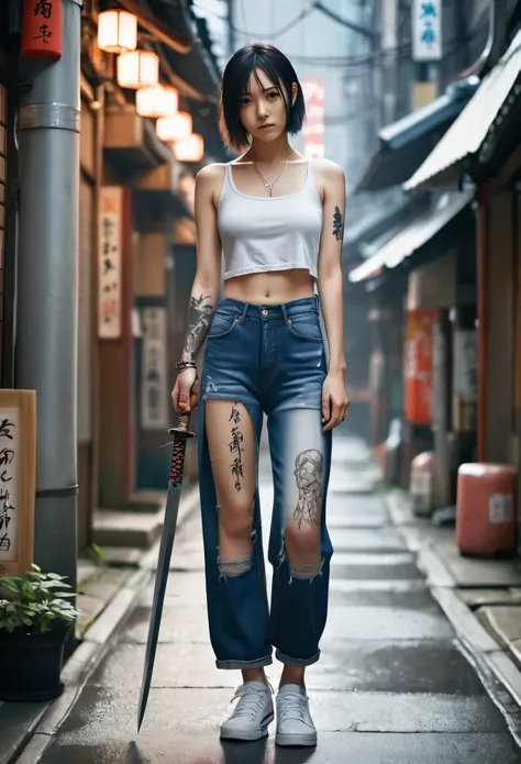 ８ｋ,Realistic Skin Texture、Superrealism、Realistic Photo、Japanese women、、Standing with a big Japan sword、draw oneself up to ones full height.、The tip of the sword is pointed towards me、Tank top,Oversized jeans、sneakers、Shinjuku Back Alley、Innovative composit...