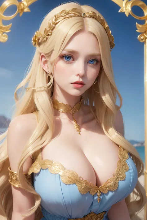 Female((30year old)), hair((long, wavy, beige blonde)), eyes((big eyes, blue eyes)), clothes((chiffon tops)), accessories ((golden headpiece, collar)), gigantic breast, big breast, red lips, goddess, at Olympus Gods castle, in anciet Greek era,  