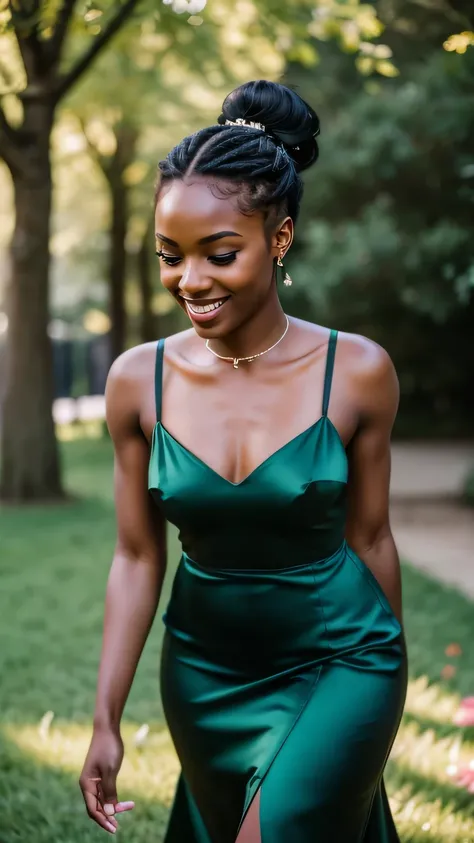 Realistic photo of the upper body of a black skinned flower girl aged 23 with ponytail, smile. She dances in front of the camera in a long A-line dress with straps made of shiny, dark green satin..., Park,Glamour photoshoot under the skirt, Wedding celebra...