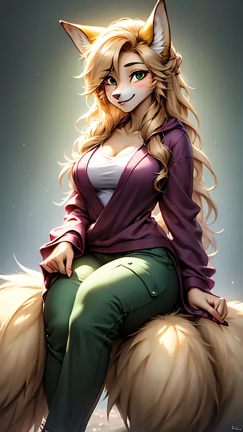 ((1girl, furry fox girl, furry kitsune girl, fox ears, animal ear fluff, fox tails, thick fluffy tails, large tails, nine tails, [tails attached to tailbone], kyuubi, kyuubi kitsune)), teenager, long hair, blonde hair, wavy hair, pony-tail, (green eyes), E...