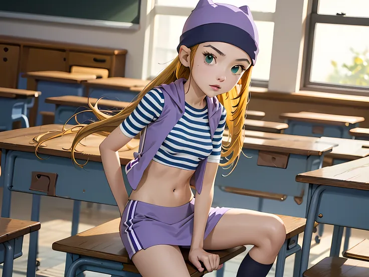 (masterpiece, best quality), 1girl, izumi orimoto, indoors, classroom, green eyes, blonde hair, long hair, purple beanie, purple...