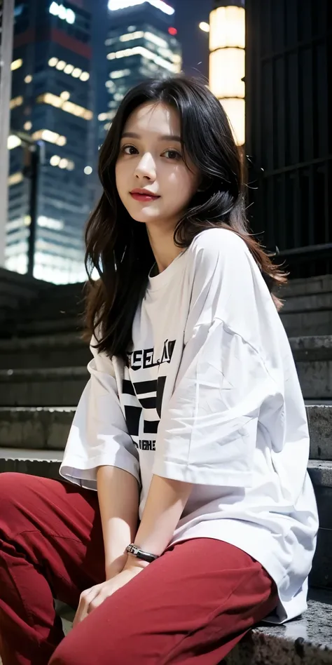 1girl, cute, layered hair, smile, big eyes, white oversize t-shirt, bracelet, sweatpants, night, sit on the steps, cyberpunk vibes, skyscraper background, (photorealistic:1.2), (ultra realistic:1.3), ((masterpiece)).