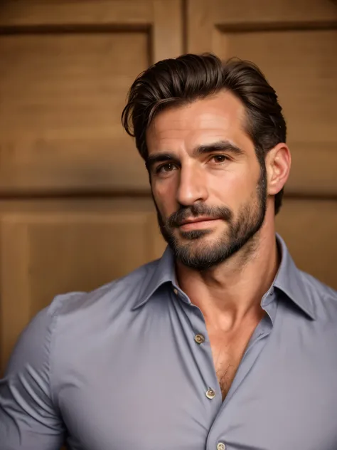 hair, portrait of a ruggedly handsome assassin, muscular, half body, masculine, mature, Retrato de un joven, Muscular very handsome and attractive italian men, A 40 years old male, Retrato de un joven, real, ( Man in the history ), business yelou shirt