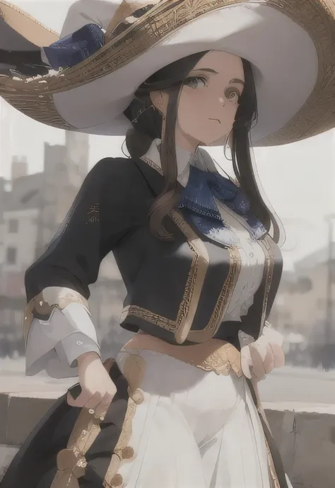 beautiful girl, outfit charro, charro hat, very big mustache