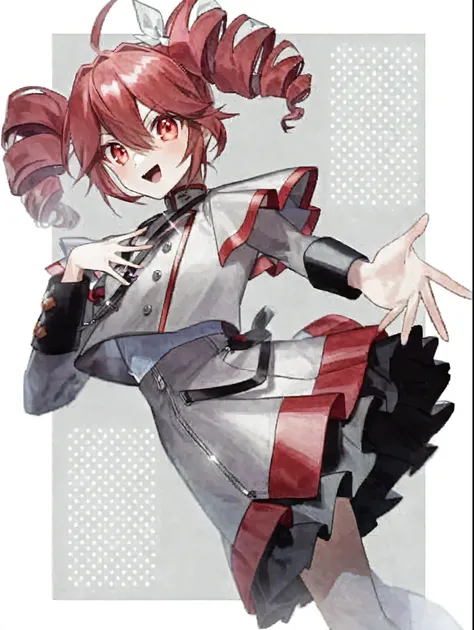 smile, pink curly hair tied in twin tails、decorate with ribbon, white and red military style clothing, black and red details, bu...