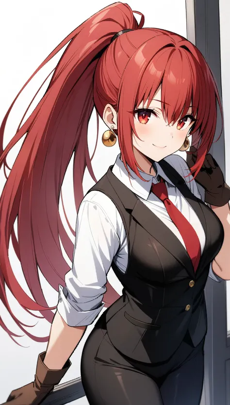 {{masterpiece}}, The best quality of life, Ultra-high resolution, Highest quality, 4K, 8k,Attention to detail,((Red hair、 long hair、High Ponytail)) One Woman、Perfect proportions、medium breasts,((Red eyes))( ,((White background))、(((White shirt、Black pantsu...