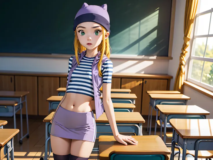 (masterpiece, best quality), 1girl, izumi orimoto, indoors, classroom, green eyes, blonde hair, long hair, purple beanie, purple...