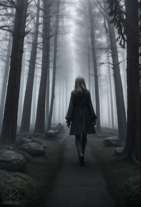 master piece nature in 4K quality, featuring a realistic forest with dead trees, heavy fog, a stone path flowing through the scene and a girl in black clothes walking; strange faces behind the trees, gray color temperature, sunless weather, the atmosphere ...