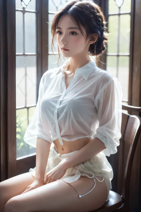 (Highest quality, masterpiece, High resolution:1.1),Use natural light and colour, Hyper-detailed clothes, Cinematic Light, One girl,amount, Embarrassing ,blush, Braided short hair, Beautiful breasts, Chest belt,race, Upper Body,(Transparent shirt:1.4), Aga...