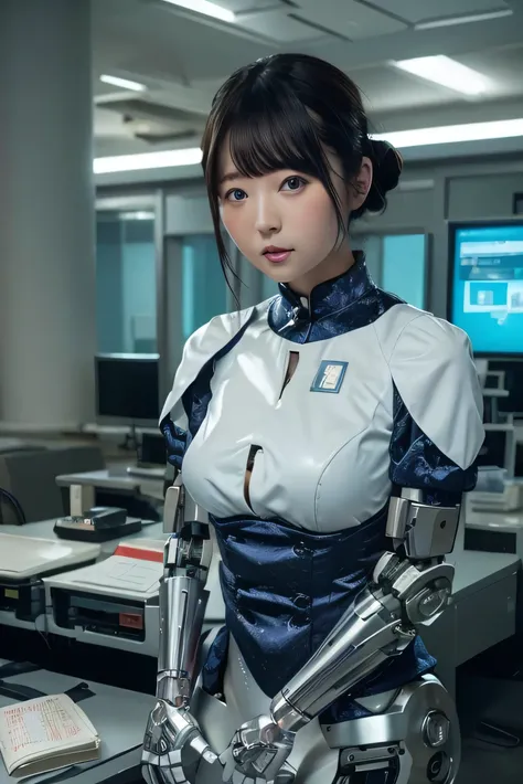 masterpiece, Best Quality, Extremely detailed, 8K portrait,Japaese android girl,Plump , control panels,Robot arms and legs, Blunt bangs,perfect robot girl,a bit chubby,white gloves,chest monitor,blue eyes,Charging spot,She is exhibits,exibition hall,promo ...