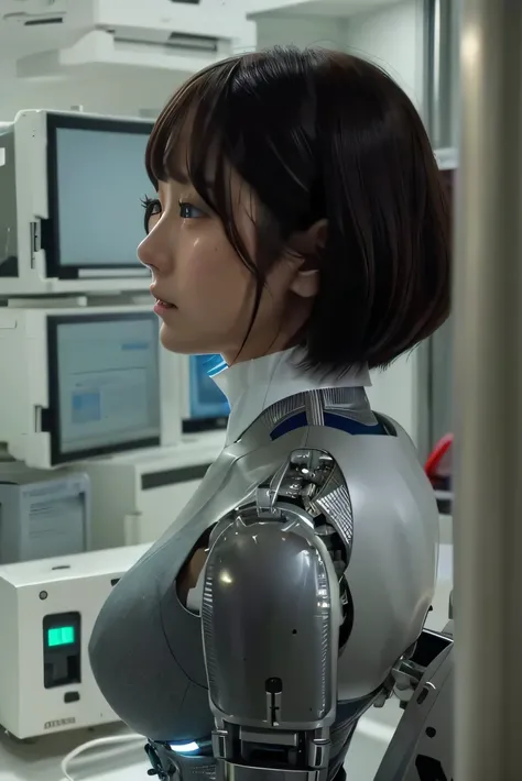 masterpiece, Best Quality, Extremely detailed, 8K portrait,Japaese android girl,Plump , control panels,Robot arms and legs, Blunt bangs,perfect robot girl,a bit chubby,white gloves,chest monitor,blue eyes,Charging spot,She is exhibits,exibition hall,promo ...