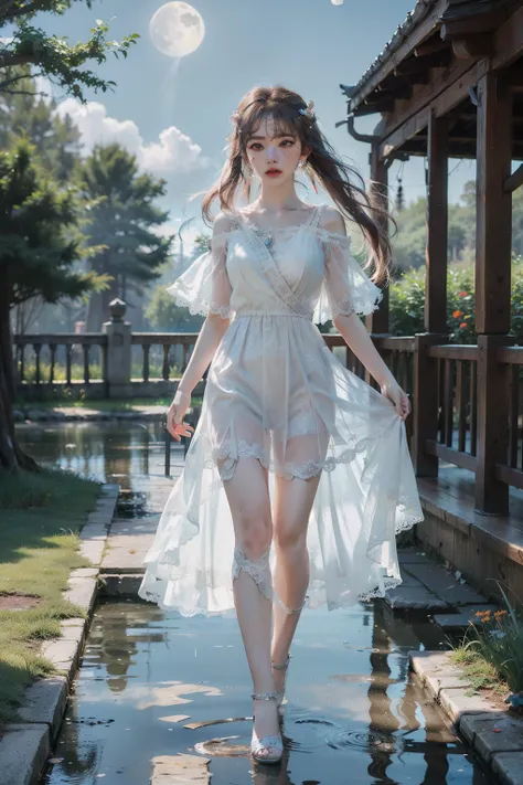 (8k, RAW photo: 1.2), highest quality, ultra high resolution, full body, (fluttering detailed color splash), (illustration), (one girl))), (long hair), (rain: 0.9), (hair ornament: 1.4), there is an ancient palace beside a woman, dress, (focus), color ink ...