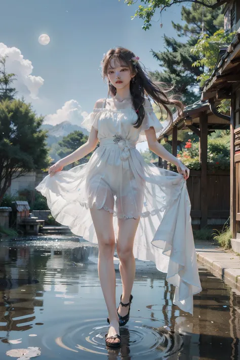 (8k, RAW photo: 1.2), highest quality, ultra high resolution, full body, (fluttering detailed color splash), (illustration), (one girl))), (long hair), (rain: 0.9), (hair ornament: 1.4), there is an ancient palace beside a woman, dress, (focus), color ink ...