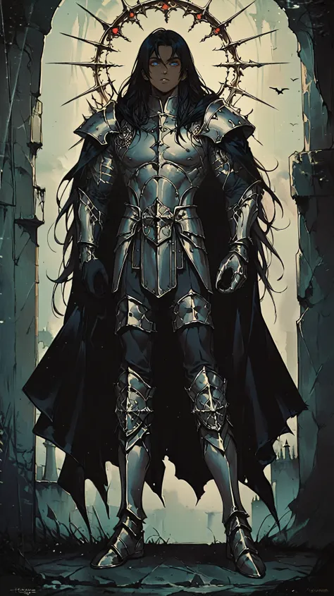 man, yelow eyes,dark skin,black long hair,full body black armor with black hair on the shoulders, dark armor breastplate, tatter...