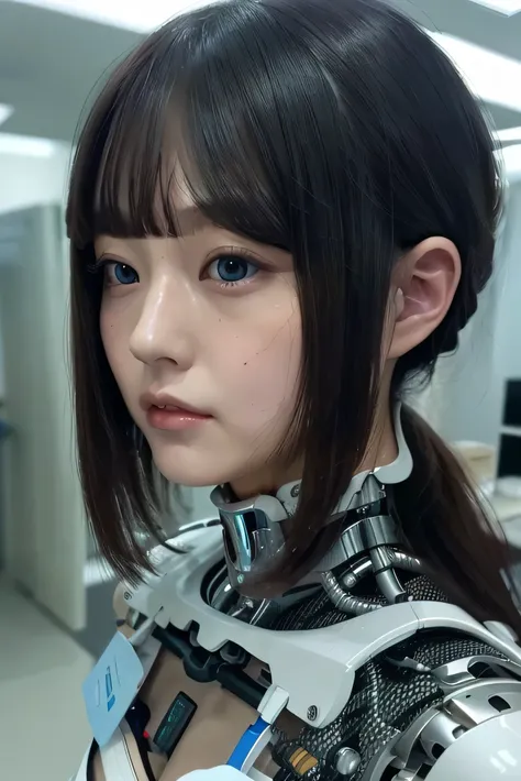 masterpiece, Best Quality, Extremely detailed, 8K portrait,Japaese android girl,Plump , control panels,Robot arms and legs, Blunt bangs,perfect robot girl,a bit chubby,white gloves,chest monitor,blue eyes,Charging spot,She is exhibits,exibition hall,promo ...