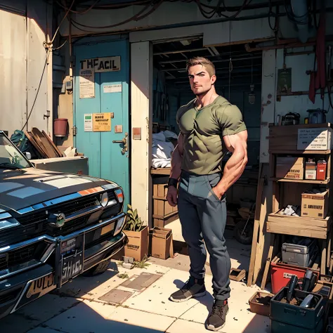 masterpiece , 32k , best quality , detailed face , natural eyes, 1man, mature man, , muscled and hunk, (((stephen amell))) as a mechanic wearing totally unbuttoned overall, showing his nipples and muscles , sweating, tight cloth , full body view , STANDING...