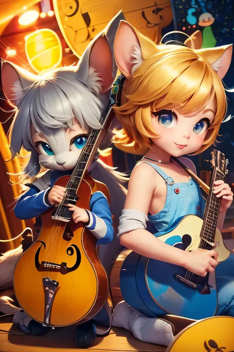 cute chibi Tom and Jerry playing jazz, 1boy,1girl, adorable, charming, playful, detailed facial features, expressive eyes, cute expressions, vibrant colors, dynamic poses, lively movement, intricate details, jazz instruments, musical notes, colorful backgr...