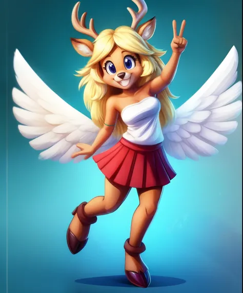 Noelle the female anthro deer, strapless shirt, skirt, angel, large white soft feathered wings, smile, peace sign pose, deer hooves, tiny toons style