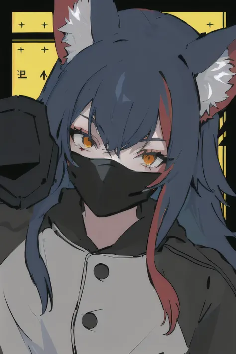 Severe, Long, straight blue hair with red highlights, animal ear accessories, Black Mask, Grey and black hoodie, Minimalist design, Confident pose, Raise one arm, Looking into the camera, Strong gaze, Smooth and bright skin, Geometric vibrant yellow backgr...