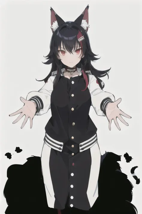 Cat ear, black and red striped hair, Long and wavy hair, Navy and white jacket dress, Long sleeve, Button details, Choker Necklace, Stretch your arms out in front of you, Looking into the camera, Confident pose, Indoor white background, Uniform lighting, W...