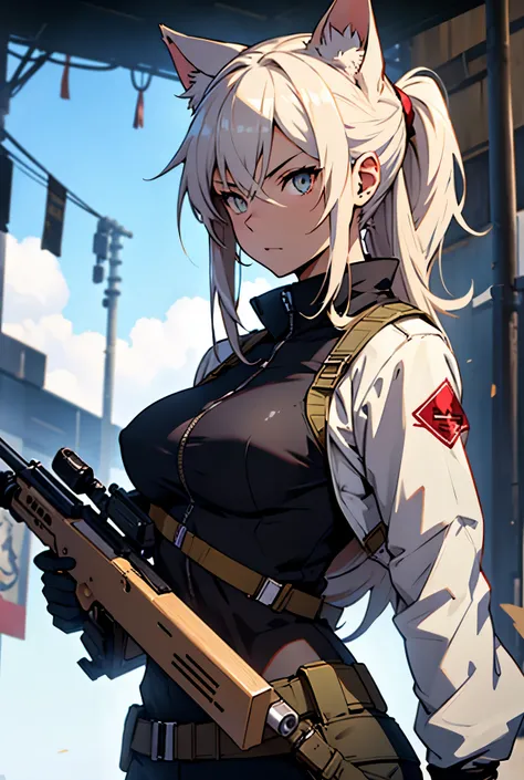  girl hold a sniper, breasts big, Cats ears, Eyes red, language, lateral view, Depth of field, アニメ, anime styling, 