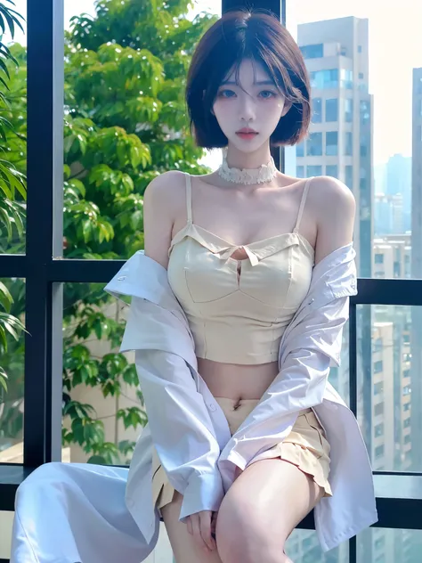 Beautiful woman with perfect figure:1.4、White short hair，Snow background、Layered Hairstyle、Fair skin、Cleavage highlights、Pleated Skirt、The face and skin texture are very fine.、Double eyelids、Skin Whitening、