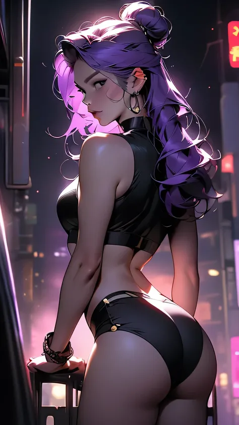 1 female, Succubus, Really short, Round face, Ear Piercing, (Rear view), High viewing angle, Thick lips, Wide open mouth, Round face, Facial details, Purple hair bun, Bans, Black eyes, Pursing your lips, Firm Abdomen, My body is soaked, Breath Mist, Belly ...