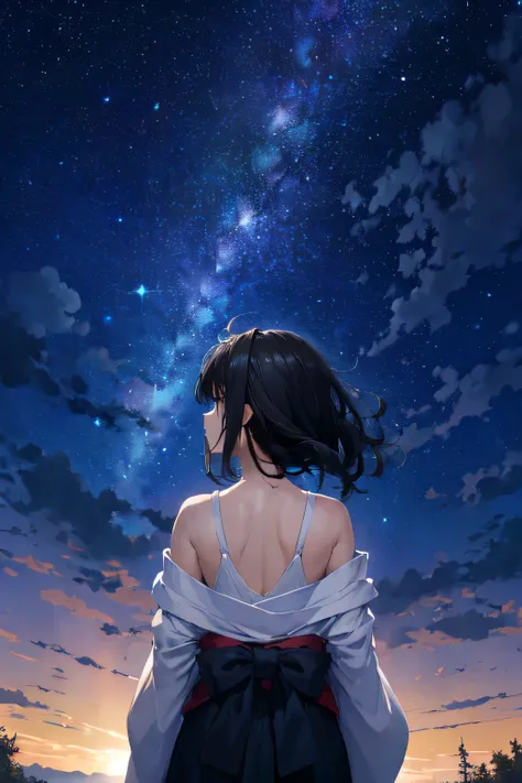 high resolution, masterpiece, quality, ultra high definition, 高quality, black hair, medium hair, girl,girl1:background 3,starry ...