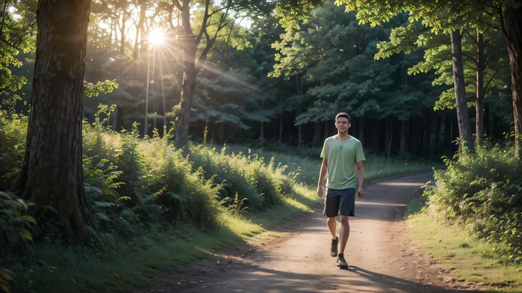 A young man walking along a trail surrounded by a dense green forest, with the sun going down in the background. He looks relaxed and happy, feeling the warmth of the sun and the freedom of summer.