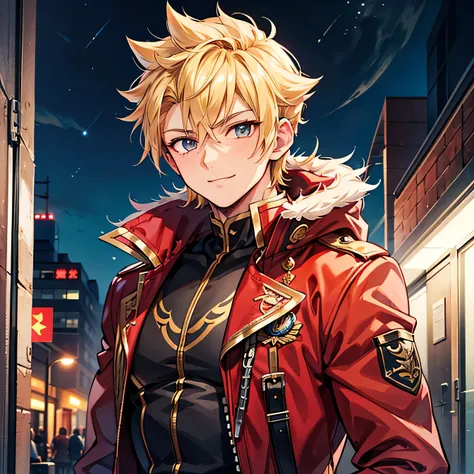 Anime art style,Highest quality,High resolution,Anatomically correct,male,Handsome,Twenty generations,Blonde,Spiky hair,Spiked Hair,A long red coat,Hold a pistol,Night School,Super detailed,A rich expression,A fearless smile,Eyes drawn in detail,8k