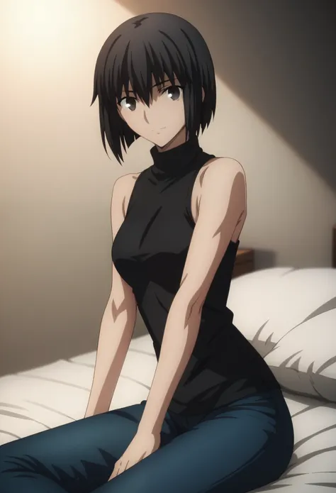 sauce_anime, ambient light,
fsn_ubw_style, 1girl ,tall girl, straight hair ,bob cut hair, black hair, deep black eyes, hair between eyes, perfect eyes , Perfect face, expressive eyes, close up face:0.2 ,  
(turtleneck black shirt),, detailed denim pants, (...